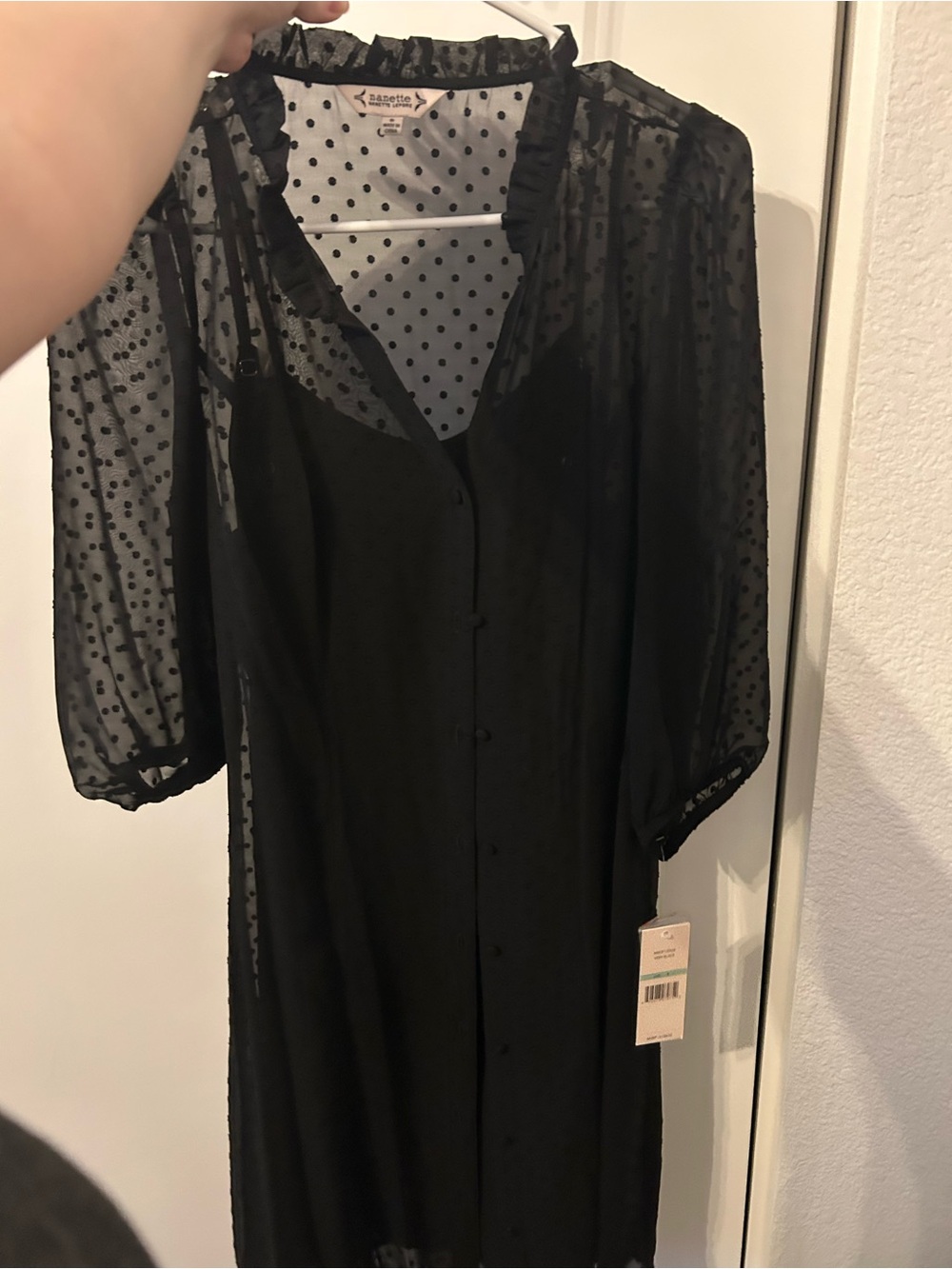 Black Sheer Polka Dot Button-Front Chemise